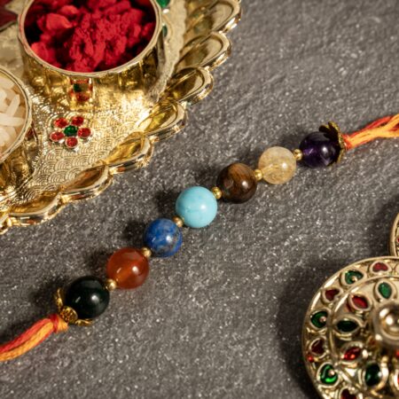 SEVEN CHAKRA RAKHI - Tiger Eye, Amethyst, Firoza, Citrine, Green Aventurine, Carnelian, Lapis Lazuli.