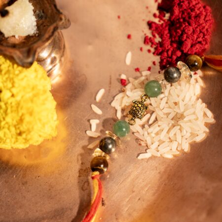 TURTLE WEALTH RAKHI - Tiger Eye, Clear Quartz Chips, Pyrite,Turtle, Green Aventurine.